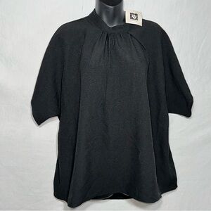 Anne Klein Women's Woven Top M Black Short Sleeve Keyhole Back Mock Neck NWT
